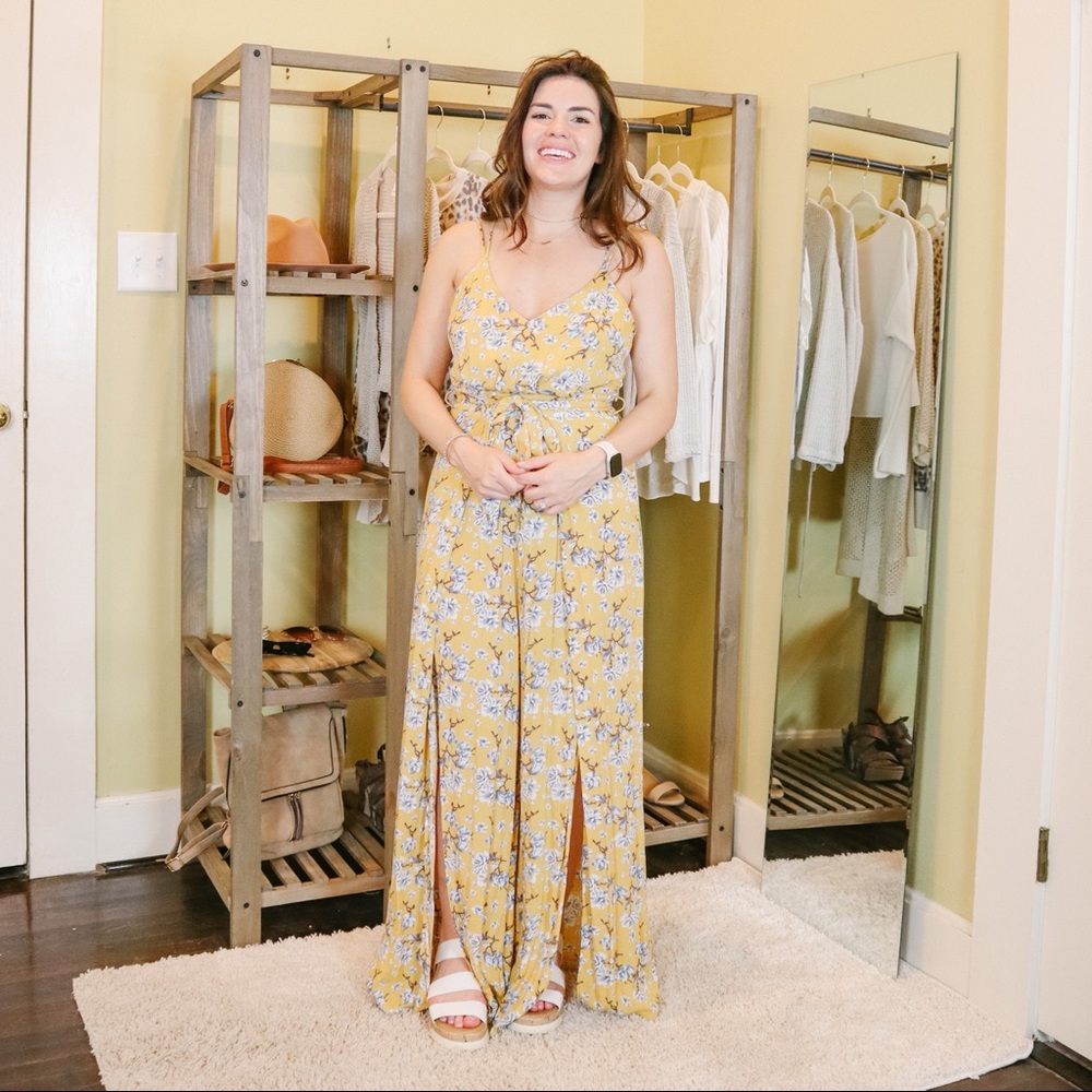 Entro Yellow Floral Print Flowy Jumpsuit Small